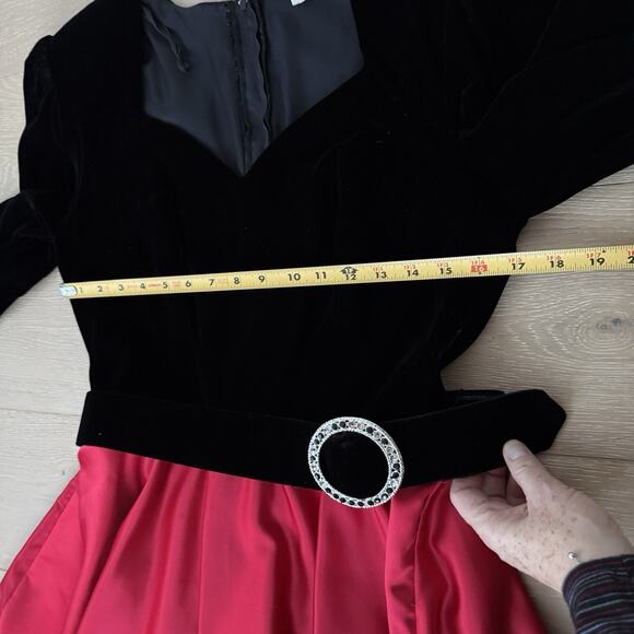 Dave Johnny Vintage 80s Black Velvet Red Satin Prom Party Holiday Dress 13-14 - Picture 7 of 10